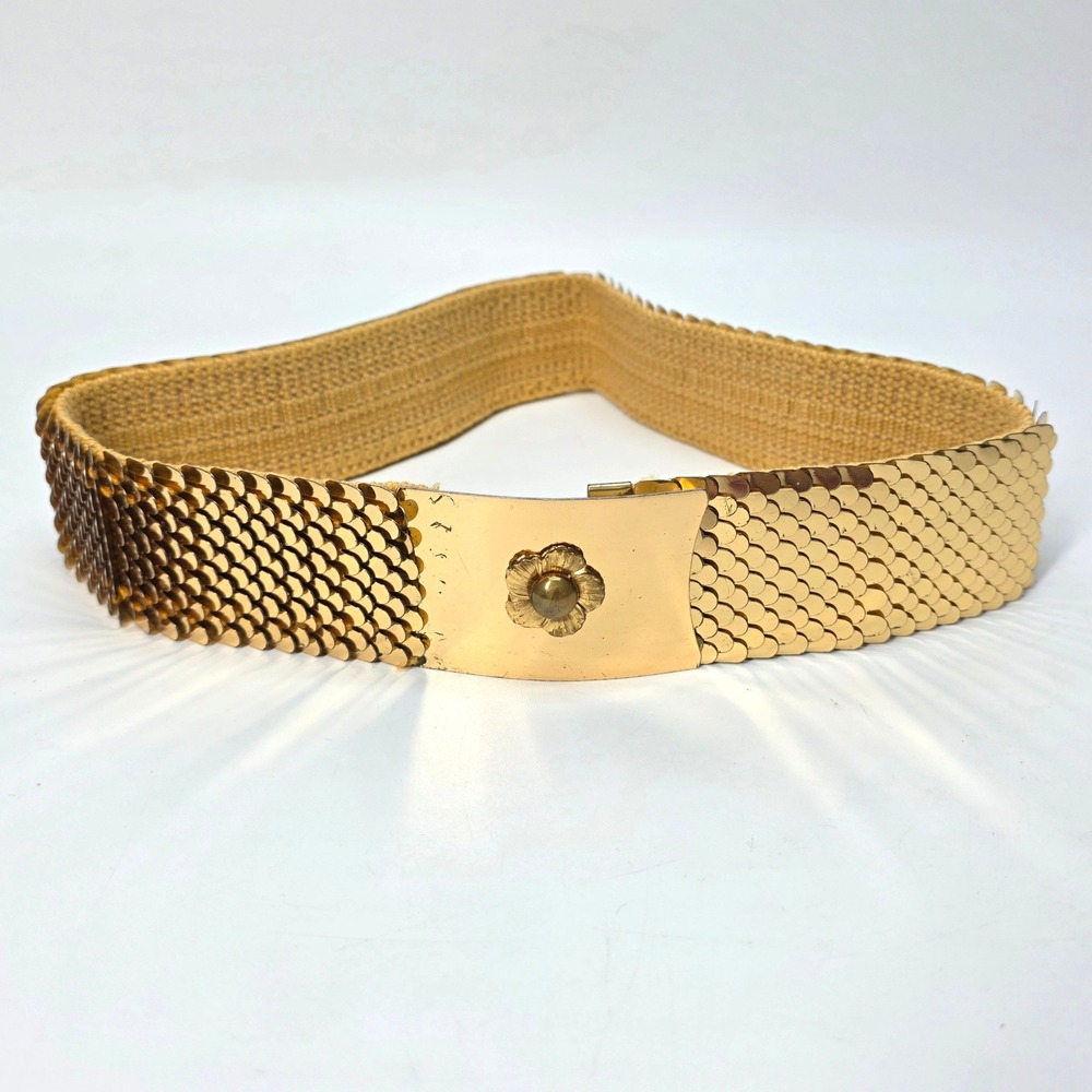 Vintage Gold Tone Belt Flower Buckle Metal Stretch Mermaid Scale Sequin Women OS